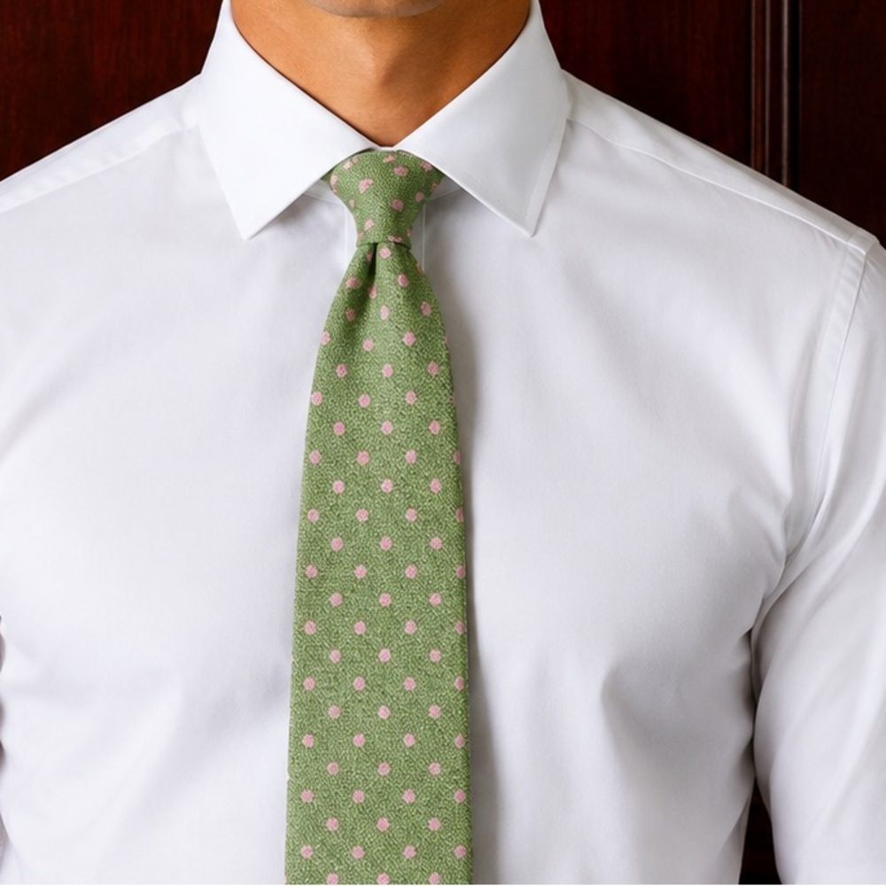 Isaia 7-Fold Green Polka-Dot Silk Tie with Pink Dots (NWT)